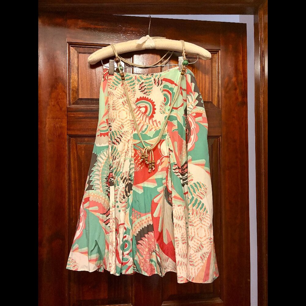 Coral, Green, Peach, Cream Floral Boho Elie Tahari Tropical Midi Skirt (US 2)